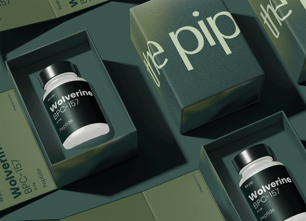 The Pip Rx Wolverine BPC-157 peptide bottle displayed in branded packaging inside a modern wellness clinic, representing regenerative peptide therapy for muscle recovery, tendon and ligament repair, gut health support, and longevity medicine in Overland Park Kansas.